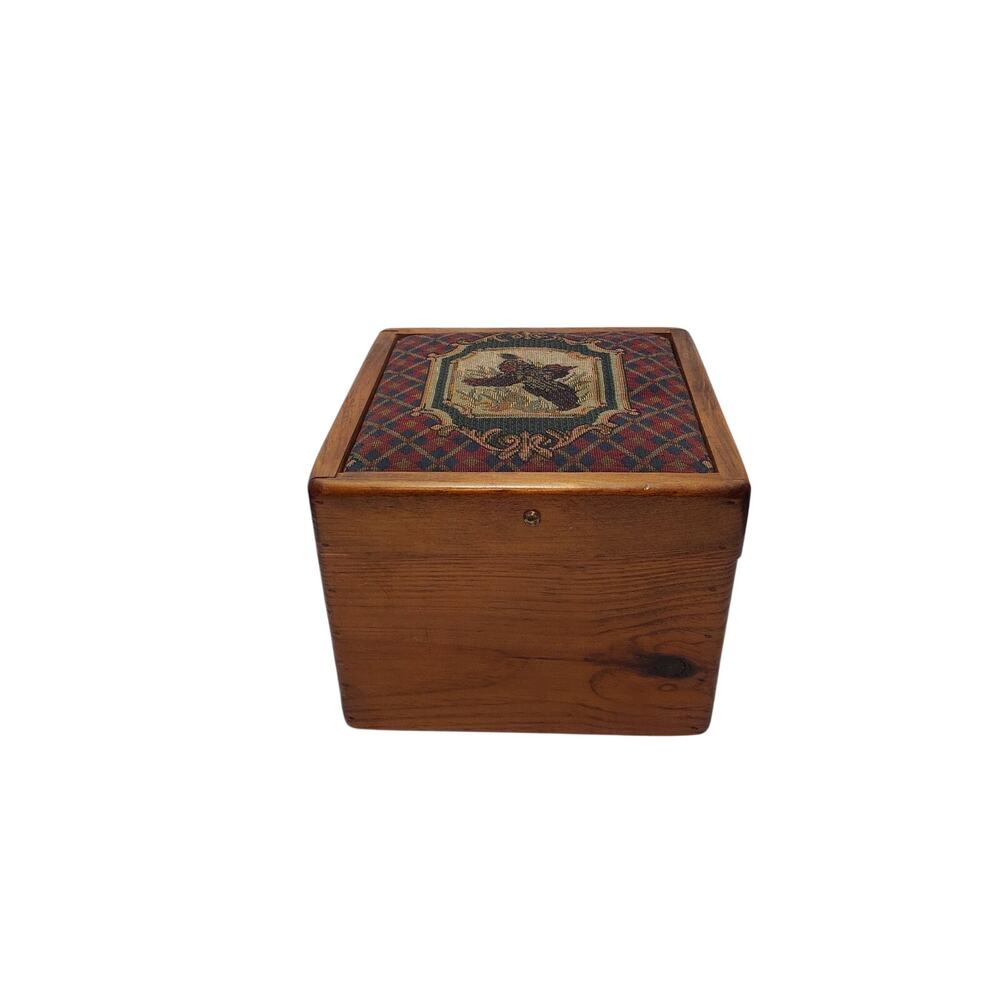 Vintage oak wooden box with rooster pheasant needle point tapestry on lid.